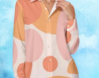 Women’s Cotton Button-Up Blouse – Long Sleeve Boho Tunic Top