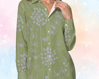 Pure Cotton Stylish Green Women Button up Shirt | Elegant Boho Blouse
