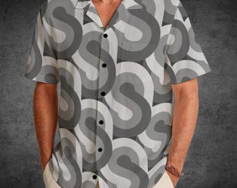 Vintage Blak and White Abstract Casual Retro Short Sleeve Button Shirt