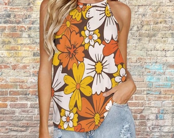 Retro Vest Floral Tank Top, Summer Botanical Outfit – Women&#39;s Polyester and Spandex Tank Top| Wildflowers Womens shirt | Floral Summer Top