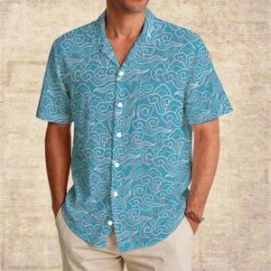 Blue Waves Print Short Sleeve Button-Up Shirt