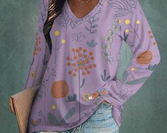 Floral V-Neck Boho Blouse: Soft Long Sleeve Loose Shirt, Plus Size