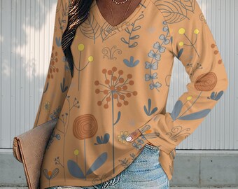 Boho Floral V-Neck Long Sleeve Top: Soft, Loose Fit