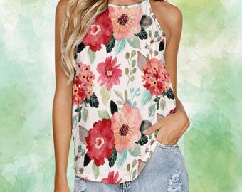 Women&#39;s Sleeveless Retro Floral Summer Top Round Neck | Summer Botanical Outfit | Women&#39;s Polyester and Spandex Very Soft Tank Top