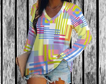 Abstract Graphic V-Neck Long Sleeve T-Shirt: Women's Colorful Design