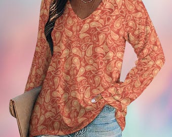 Women's V Neck Vintage Spring/Fall Long Sleeve Sweatshirt
