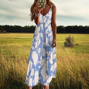 Floral Cottagecore Sling Dress: Light Blue Boho Sundress, Plus Size