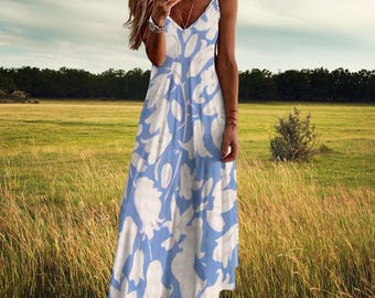 Floral Cottagecore Sling Dress: Light Blue Boho Sundress, Plus Size