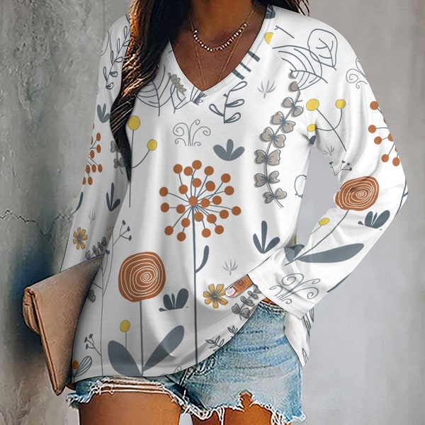 Women Long Sleeve V Neck Loose T Shirt |  Casual Longsleeves Loose V-Neck top for Women |  Abstract Boho flowers