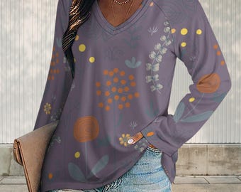 Boho Floral V-Neck Long Sleeve Top: Soft, Loose Fit