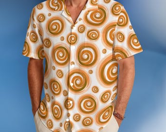 Men's Psychedelic Hawaiian Shirt: Green/Orange/Grey/Blue Swirl Retro Button-Down