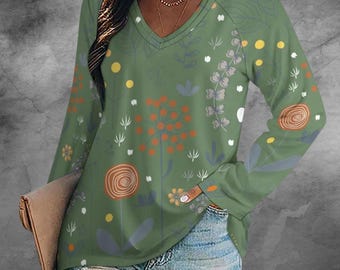 Boho Floral V-Neck T-Shirt Women's Long Sleeve Casual Top