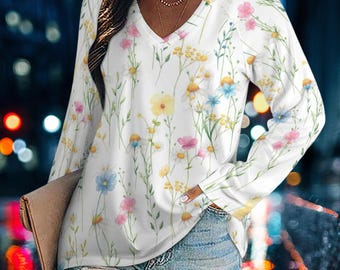 Boho Floral V-Neck Top: Women's Long Sleeve T-Shirt - Soft & Lightweight