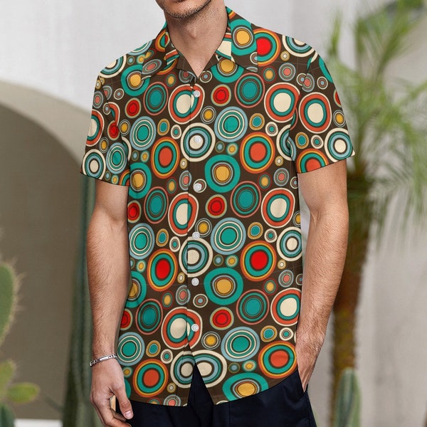 Short sleeve Mens Button Up Shirt | Festival Shirt | Bohemian Shirt | Geometric boho Print Shirt | Geometric Psychedelic Designer Shirt