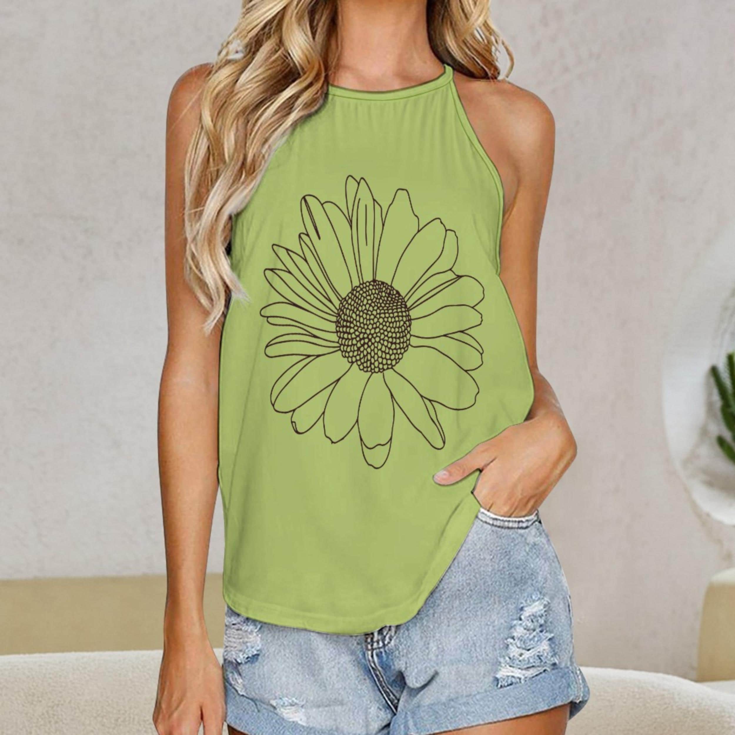 Summer Floral Sunflower Tank Top for Beachwear, Sleeveless Vacation Outfit – Women's Round Neck T-Shirt