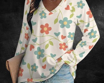 Floral V-Neck Long Sleeve Top: Women's Boho Blouse