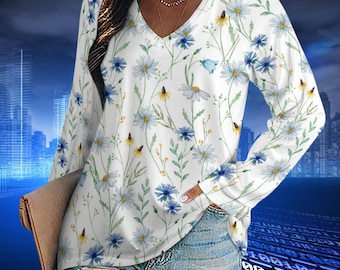 Cottagecore Floral V-Neck Long Sleeve T-Shirt - Soft & Lightweight