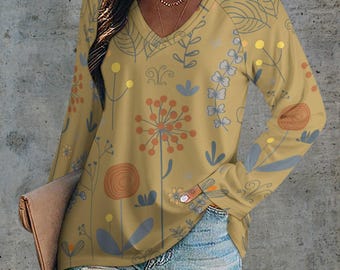 Lightweight Floral V-Neck Sweatshirt: Soft Boho Tunic, Plus Size Top