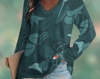 Casual and Dressy Women Long Sleeves Blouse | Boho Green deep V-neck tee | Floral Print V-Neck Plus-Size Top for Women with Long Sleeves