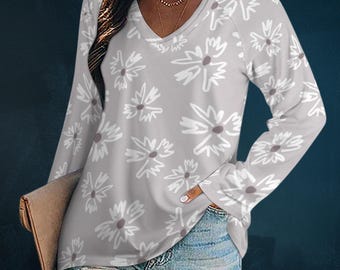 Floral V-Neck Long Sleeve Top: Bohemian Soft Sweatshirt