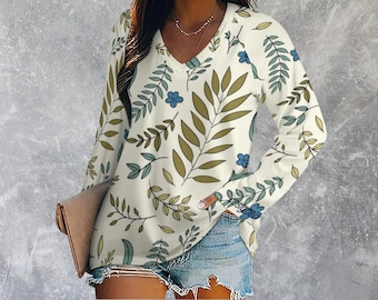 Floral V-Neck Long Sleeve T-Shirt: Women's Loose Fit Top