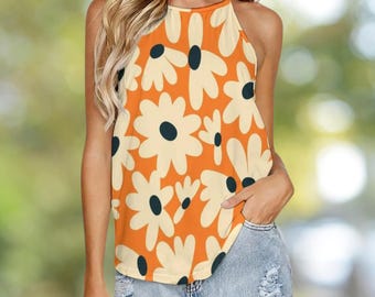 Floral Summer Shirt | Women&#39;s Beach Wear | Vacation Outfit | Colorful Flower Top | Casual Sleeveless Crew Neck Tank