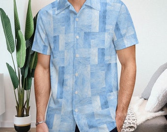 Camisa azul con botones geométricos para hombre / Camisa de manga corta Ropa urbana Ropa de calle para él / Hombres Camisas Oxford elegantes de manga corta