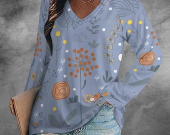 Boho Floral V-Neck T-Shirt Women's Long Sleeve Casual Top