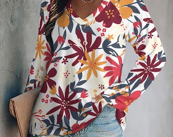 Boho Floral V-Neck Long Sleeve Tee: Women's Relaxed Sweatshirt Top