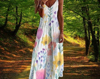 Funny Flowers Maxi Sundress: V-Neck Spaghetti Strap Summer Dress