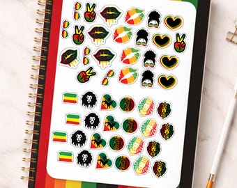 Mini Rasta Stickers – Rasta Glasses, Peace Sign, Lips, Girl + Heart Planner, Scrapbook, Reggae