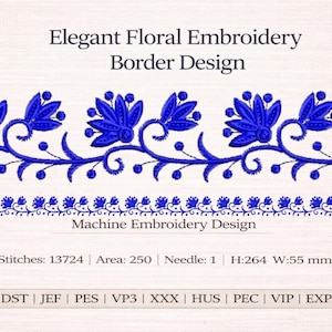 May include: Elegant floral embroidery border design featuring blue stylized flowers and foliage. The design includes a larger floral border and a smaller, repeating floral pattern. The height is 264 mm and the width is 55 mm.
