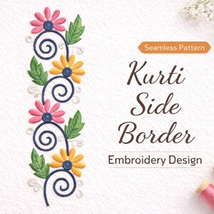 Kurti Side Border Embroidery Design | Floral Vertical Pattern Single Border (Digital Download)
