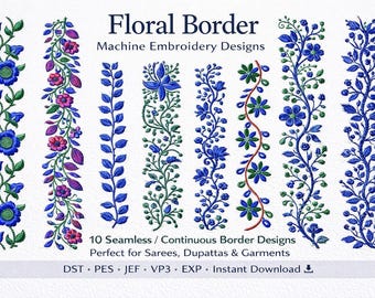 Floral Border Machine Embroidery Designs Bundle | 10 Continuous Borders | Instant Download | All Formats Included
