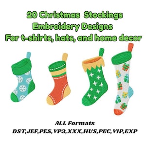 May include: Four colourful Christmas stocking embroidery designs. The stockings are in various colours, including green, red, and blue, with snowflake, star, and gift box patterns. Text reads: "20 Christmas Stockings Embroidery Designs For t-shirts, hats, and home decor."