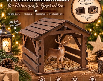 May include: A dark brown wooden stable structure with a gabled roof and open sides, containing a small brown deer figurine standing on a bed of straw. The image includes German text: "Weihnachtsstall für kleine große Geschichten" and other labels.