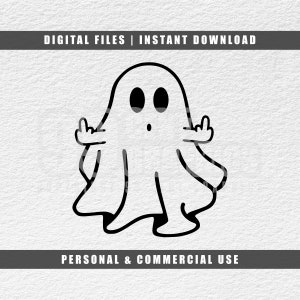 May include: A black and white line drawing of a ghost giving the middle finger with a surprised expression.