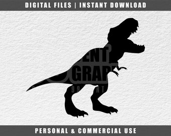 May include: Black silhouette of a Tyrannosaurus Rex dinosaur with its mouth open.  The dinosaur is standing on all fours with its tail raised.  The image is on a white background.  DIGITAL FILES | INSTANT DOWNLOAD PERSONAL & COMMERCIAL USE