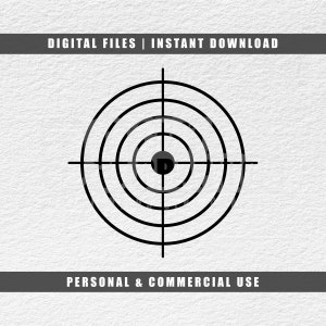 May include: Black and white target with five concentric circles and a bullseye in the center.