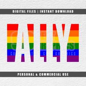 Könnte beinhalten: Ein digitaler Download des Wortes "ALLY" in Regenbogenfarben. Die Buchstaben sind aus den Regenbogenstreifen ausgeschnitten, was ein klares und farbenfrohes Design ergibt. Der Text "DIGITAL FILES | INSTANT DOWNLOAD" erscheint oben im Bild, und der Text "PERSONAL & COMMERCIAL USE" erscheint unten.