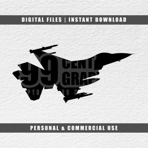 May include: Black and white silhouette of a fighter jet with the text "99 Cent Graphics" layered over the image.