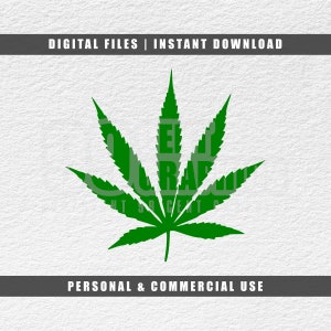 Puede incluir: Ilustración de una hoja de cannabis verde sobre fondo blanco. El texto "DIGITAL FILES | INSTANT DOWNLOAD" está en la parte superior y "PERSONAL & COMMERCIAL USE" en la inferior. La hoja es una representación estilizada.