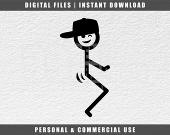 May include: Black and white stick figure wearing a baseball cap, mid-jump with a smiling face. The image includes the text "DIGITAL FILES | INSTANT DOWNLOAD" and "PERSONAL & COMMERCIAL USE".
