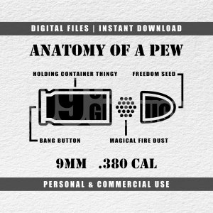 May include: A black and white illustration of a bullet with the text "Anatomy of a Pew" and labels for the different parts of the bullet, including "Holding Container Thingy", "Freedom Seed", "Bang Button", and "Magical Fire Dust". The text "9MM .380 CAL" is also included. The text "Personal & Commercial Use" is at the bottom of the image.