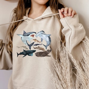 Aquarell Hai Hoodie, Arten von Haien Sweatshirt, Illustrierter Hoodie, Jugend Hai Geschenkidee, Hai Arten T-Shirt, Tolles weißes Shirt