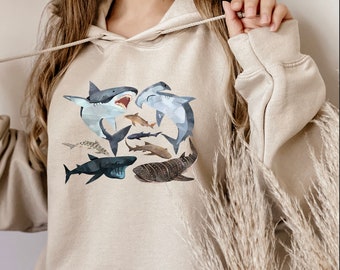 Watercolor Shark Hoodie, Shark Species Sweatshirt, Youth Gift