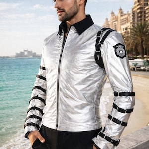 Punk MJ Michael Jackson Classic BAD Tour Silver Shine Bodysuit Jacket | Iconic Stage Style | Premium Tribute Performance Wear