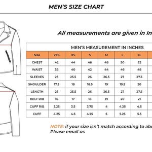 May include: A men's size chart with measurements in inches for a jacket. The chart includes chest, waist, sleeve, shoulder, length, belt rib, cuff rib, and cuff measurements for sizes 2XS to 4XL. A diagram illustrates where to measure.