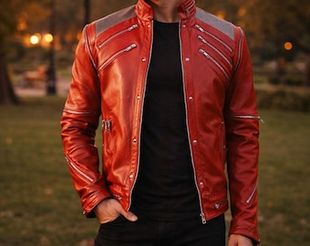 Ultimate Michael Jackson Beat It Jacket | Red Biker Leather Costume for Men | Concert Style MJ Tribute Coat | Premium Handmade Edition