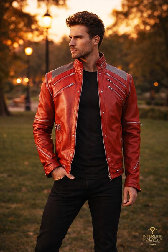 Ultimate Michael Jackson Beat It Jacket | Red Biker Leather Costume for Men | Concert Style MJ Tribute Coat | Premium Handmade Edition